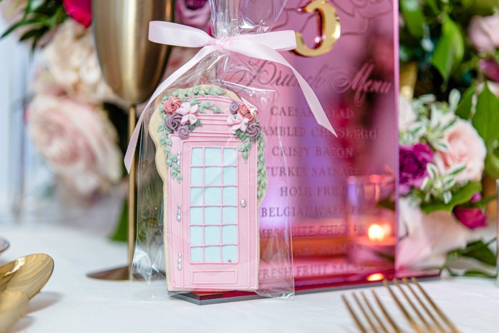 Pink phone booth royal icing sugar cookie wedding shower favors
