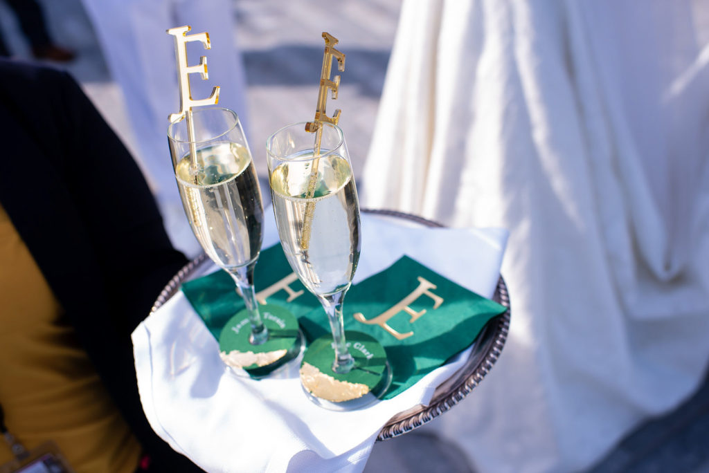Champagne with gold and green napkins