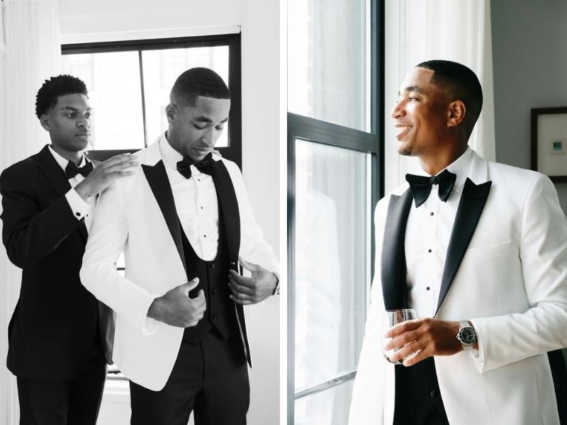 groom getting ready in white tux