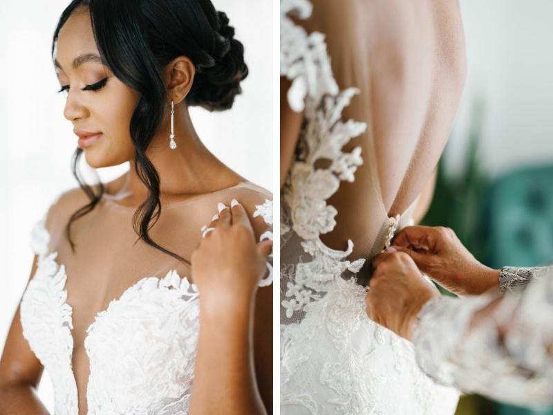 closeup of lace wedding dress details