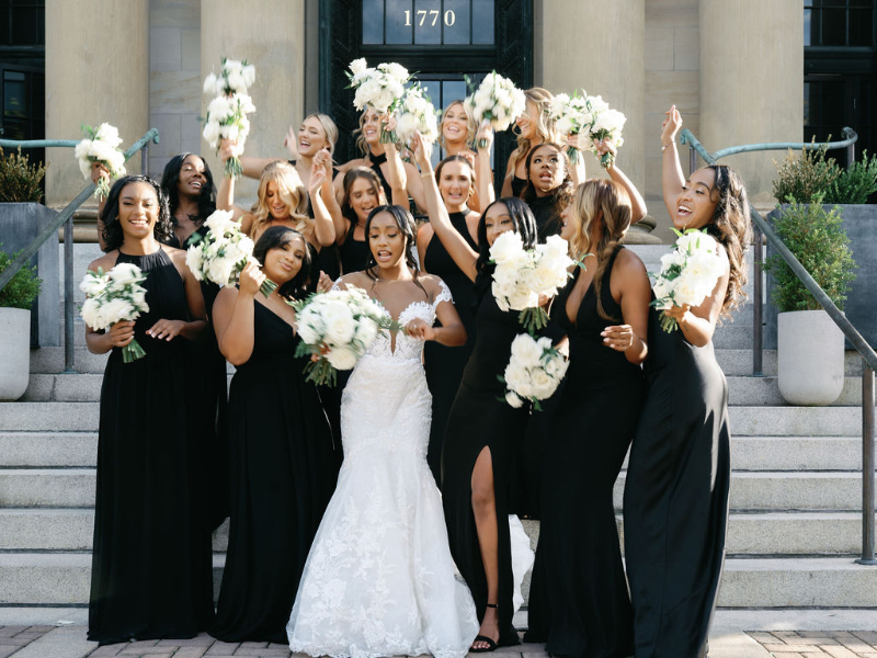 large wedding party photos with bride and bridesmaid