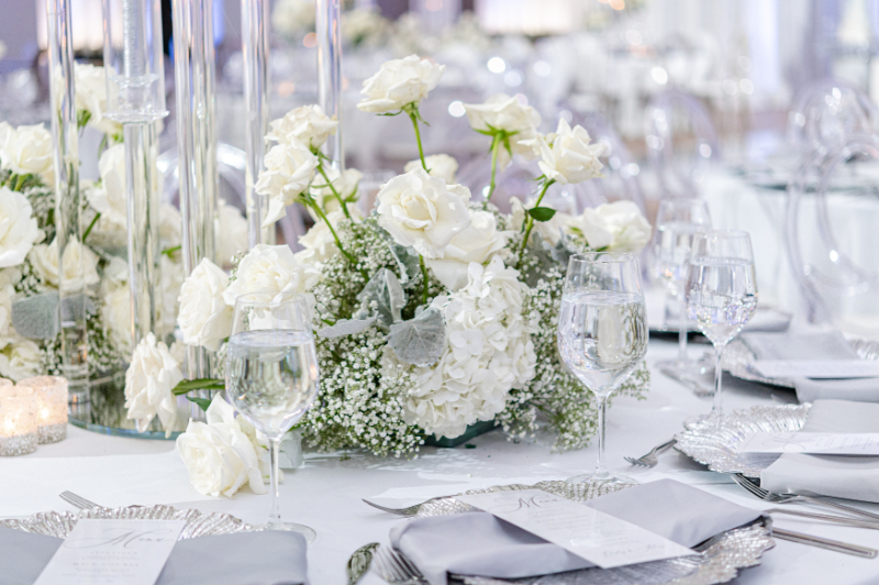 closeup of white wedding florals and babies' breath at Washington wedding