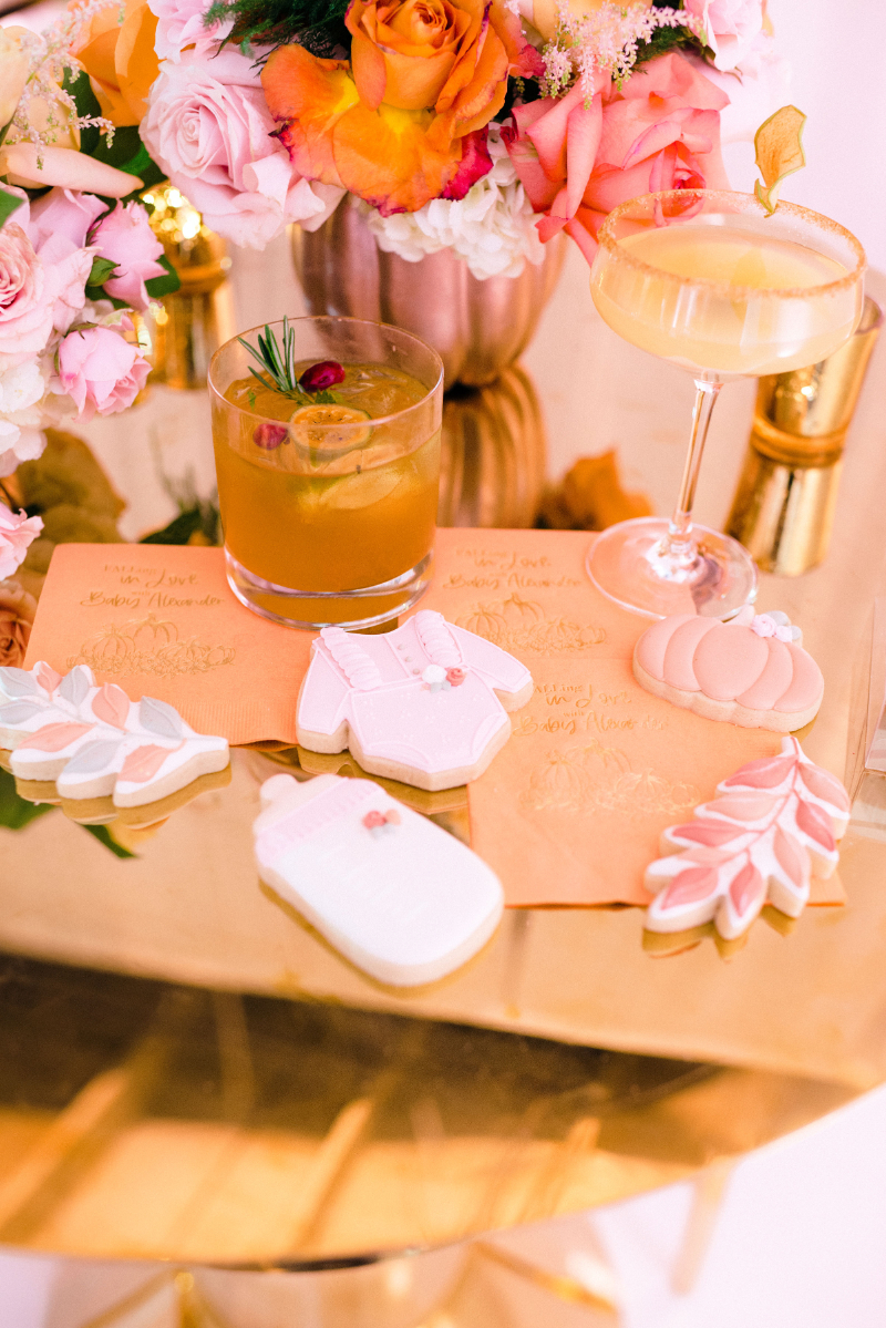 signature cocktails and cookies at a girl baby shower