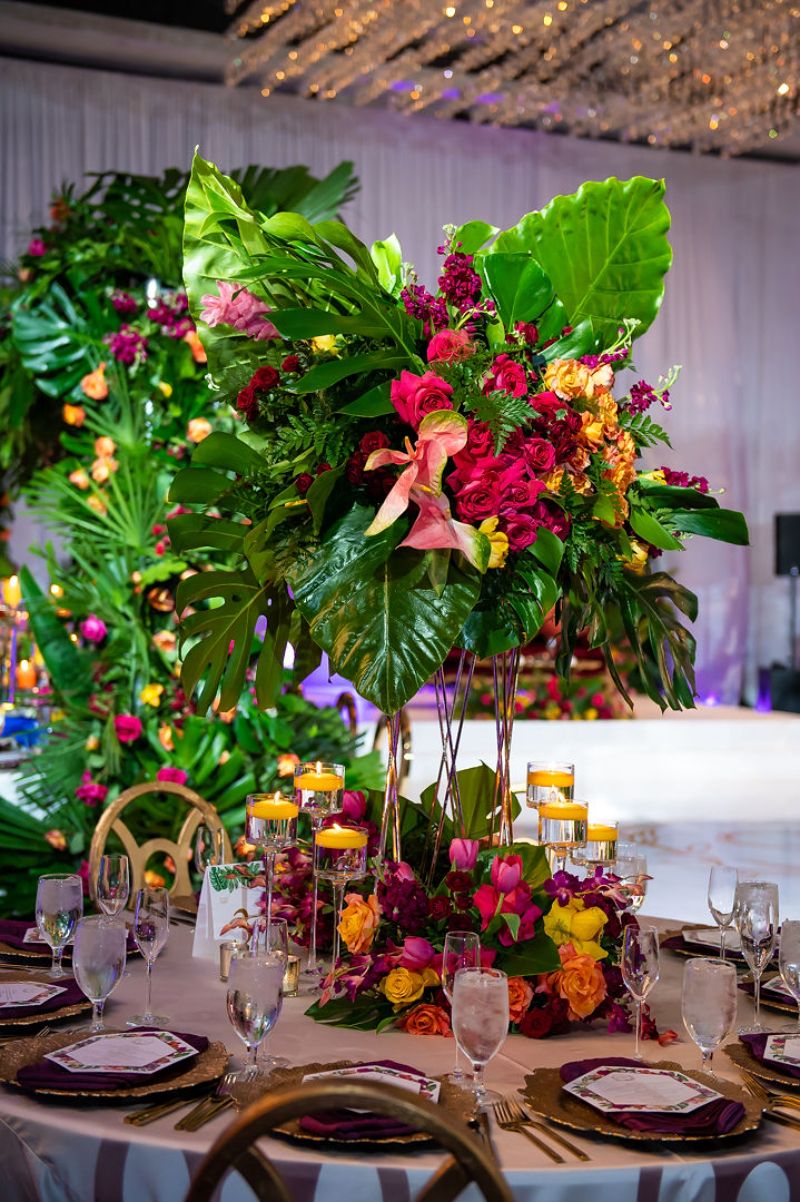 tall tropical leaves wedding centerpieces
