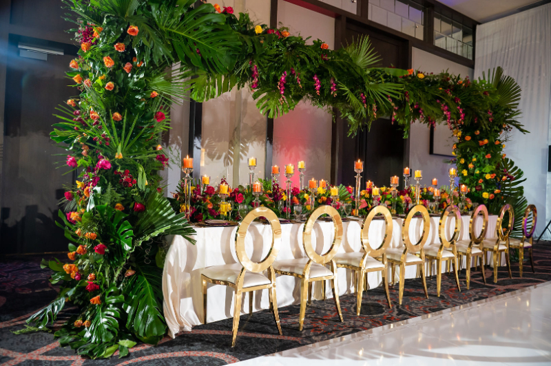 Hotel at the University of Maryland wedding reception with luxury tropical decor