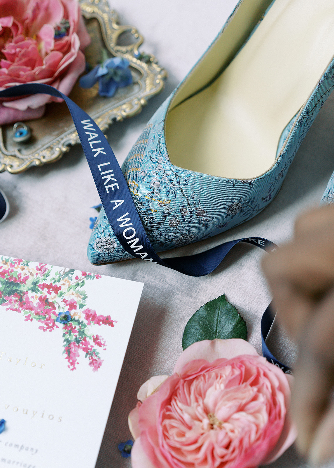 PINK FLORAL ACCESSORIES AND SOMETHING BLUE WEDDING SHOES