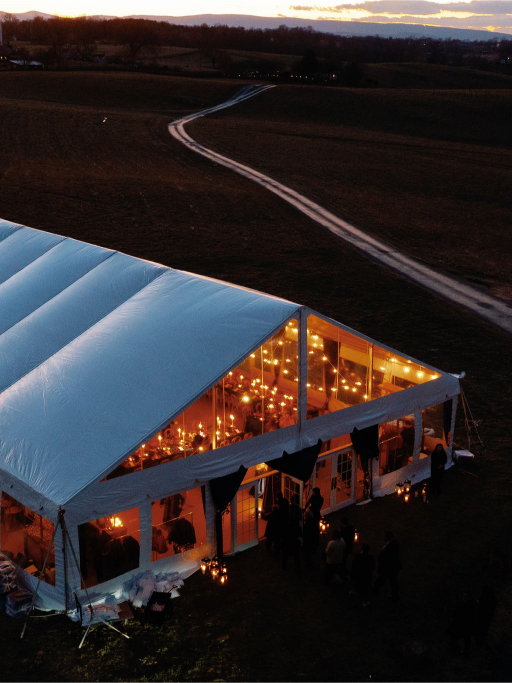 Ariel view of the outdoor tented reception space at Goodstone Inn wedding