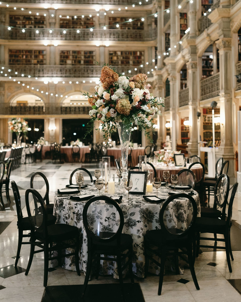 Dark academia wedding design at Peabody Library