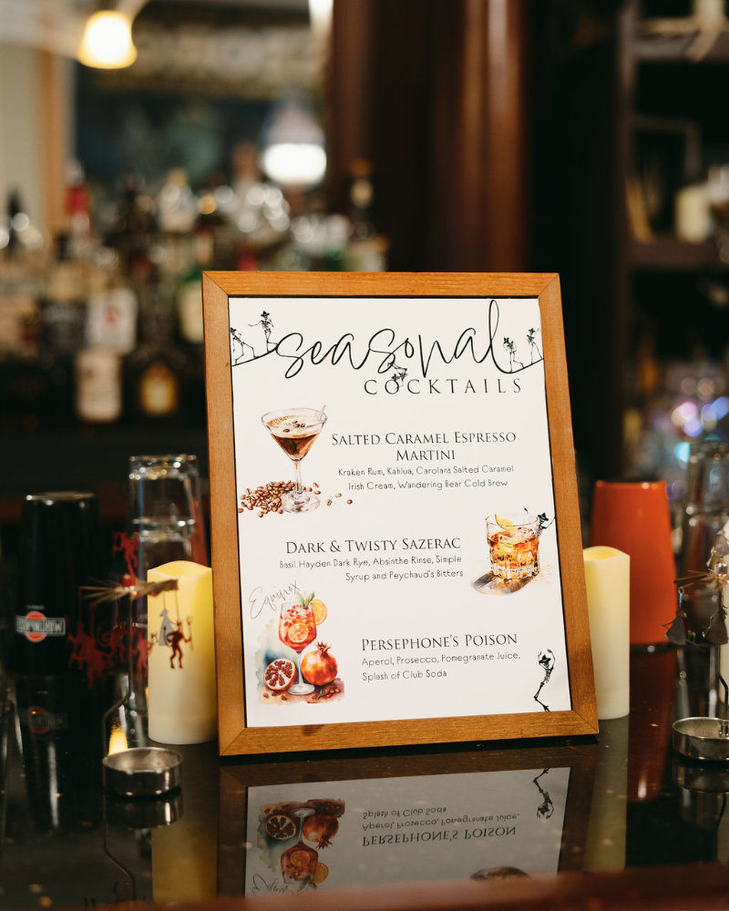 Signature cocktail sign for dark academia wedding welcome party