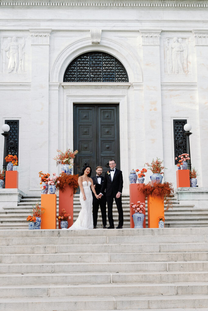 Bride and groom exchange vows during outdoor fall wedding ceremony at Potomac View Terrace. 