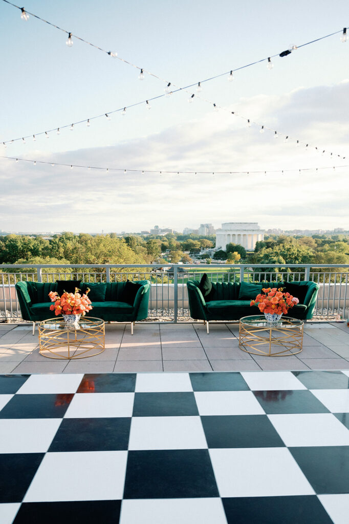 Vibrant fall wedding reception decor on rooftop of Potomac View Terrace.