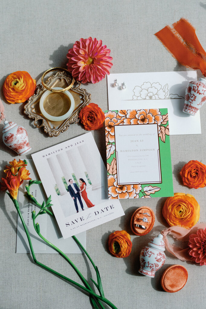 Flat lay details of fall wedding at the Potomac View Terrace.