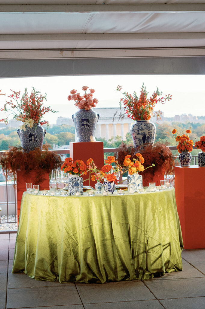 Vibrant fall wedding reception decor on rooftop of Potomac View Terrace.