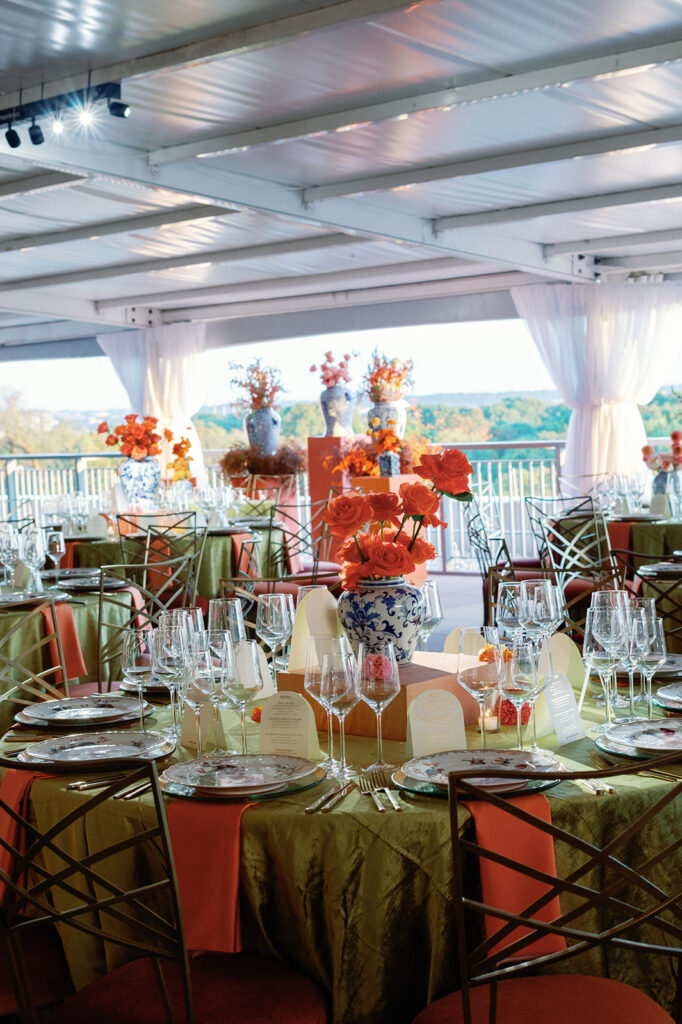 Vibrant fall wedding reception decor on rooftop of Potomac View Terrace.