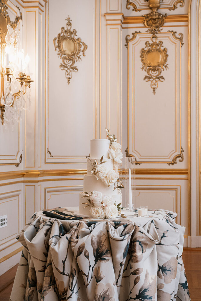 Three tier wedding cake for Cosmos Club wedding.