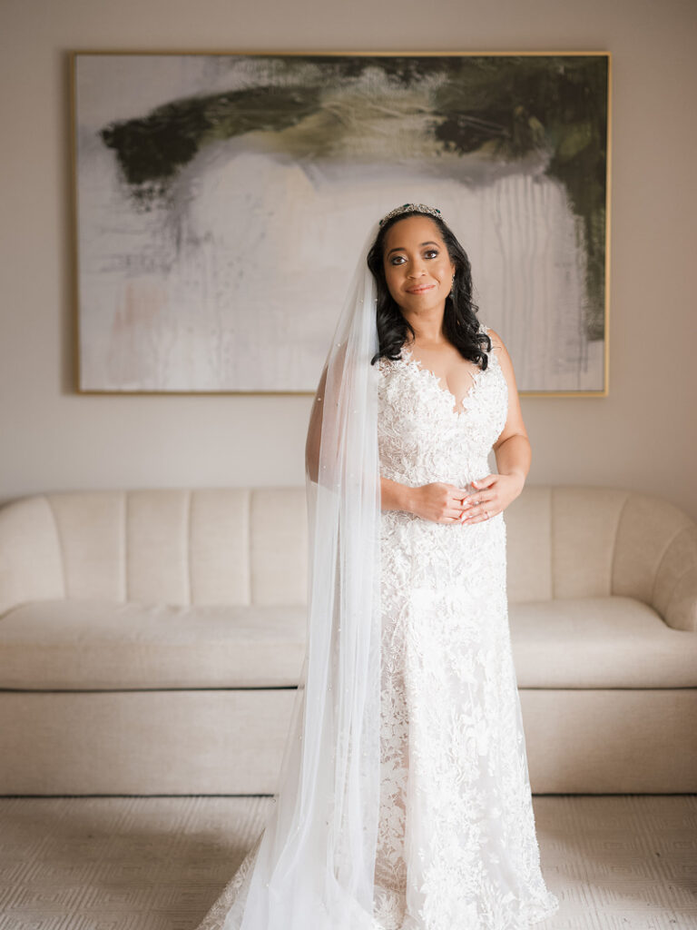 Bride poses for portrait.